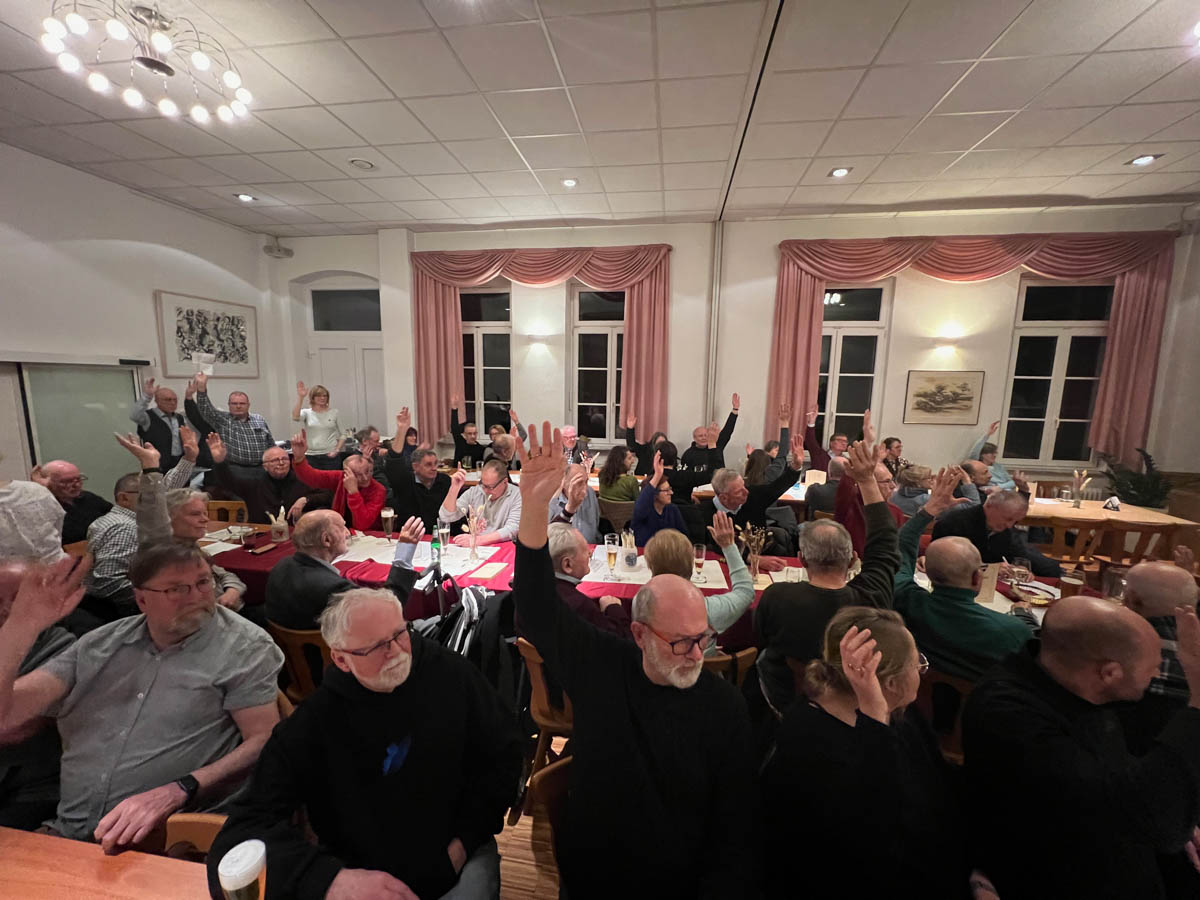 Blick in den Saal bei einer Abstimmung. Alle Hände oben.